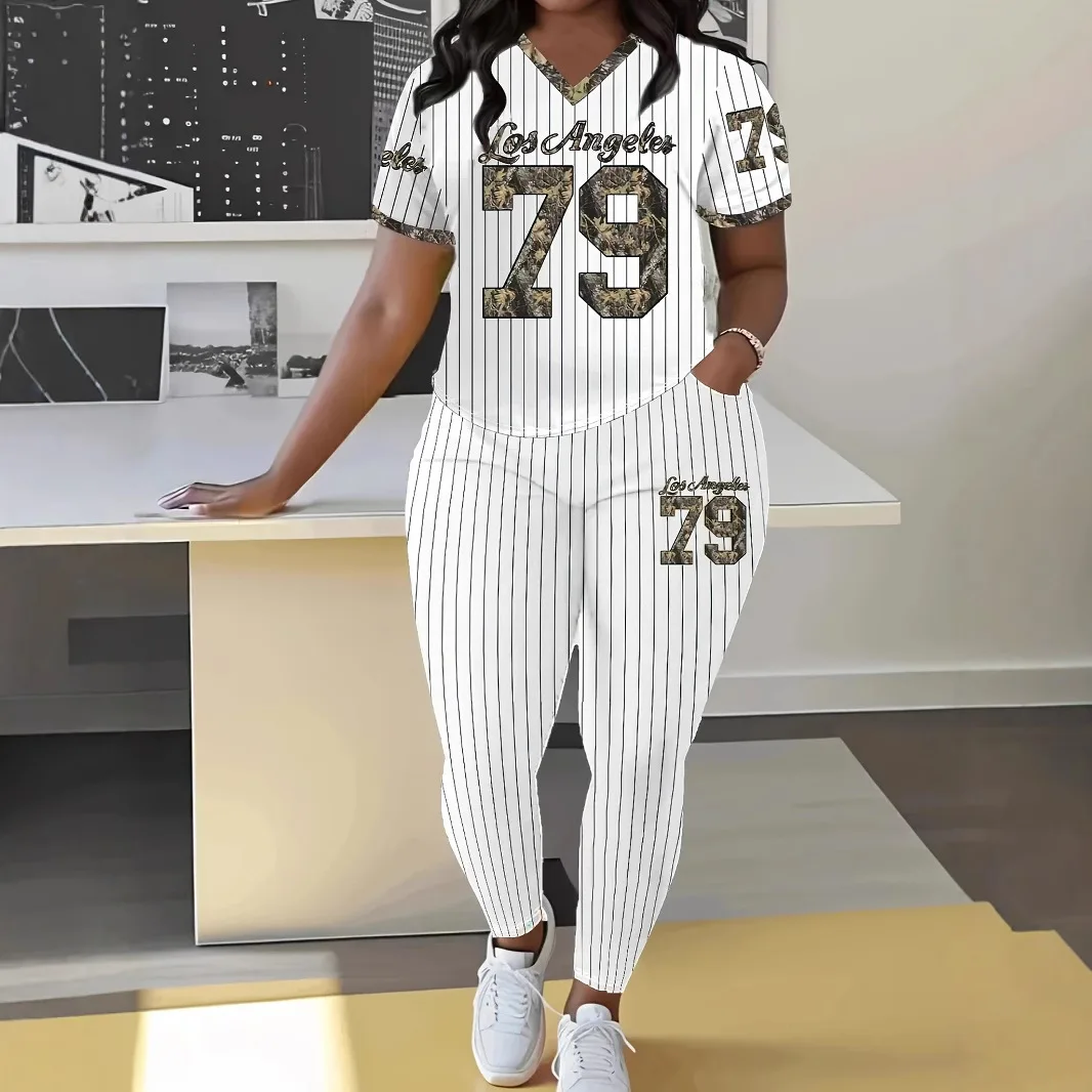 Modny Drukowany Top + Spodnie Dwuczęściowe Komplety Damskie Letnie Casualowe Joggersy Koszula z Dekoltem w Serek Legginsy Garnitur Dla Kobiet 2025