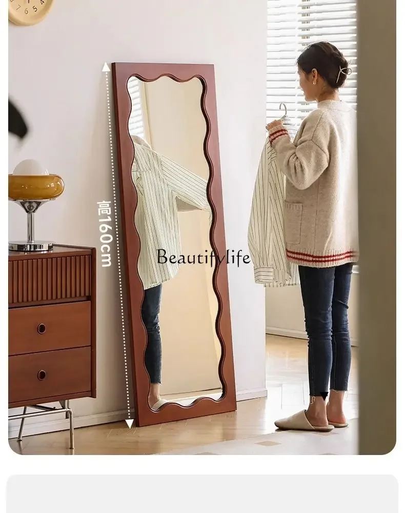 Nordic solid wood wave full-body mirror home wall-mounted dressing bedroom retro floor mirror