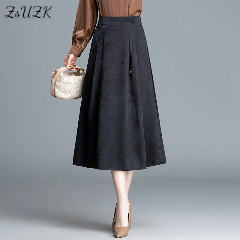 ZUZK Jacquard Horse Face Skirt Improved Elastic Waist Chinese Traditional Hanfu Costume Vintage Pleats Skirt Pocket