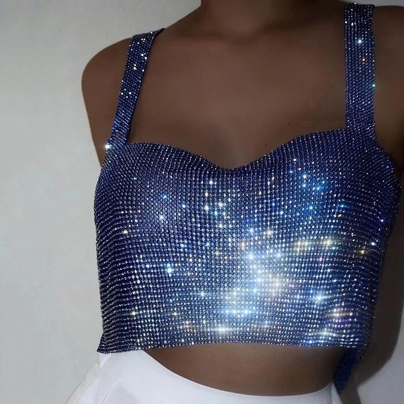 

Sparkly Rhinestone Backless Tank Tops Tee Shiny Diamond Nightclub Party Ladies Camisole Y2K Streetwear Chic Woman Short Crop Top