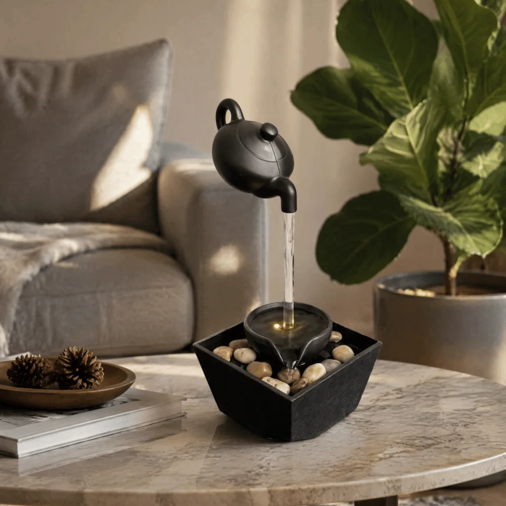 LED Light Floating Teapot Fountain Endless Water Flow Pebble Base Tabletop Water Fountain Indoor Use Design Resin Material