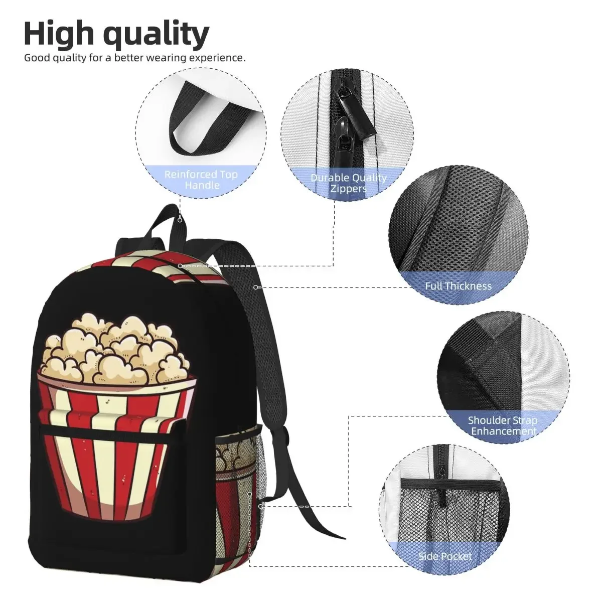 Popcorn Bucket Delight Backpack Daypack Large Capacity Kids BookBag School Bag Shoulder Bags for Men Women