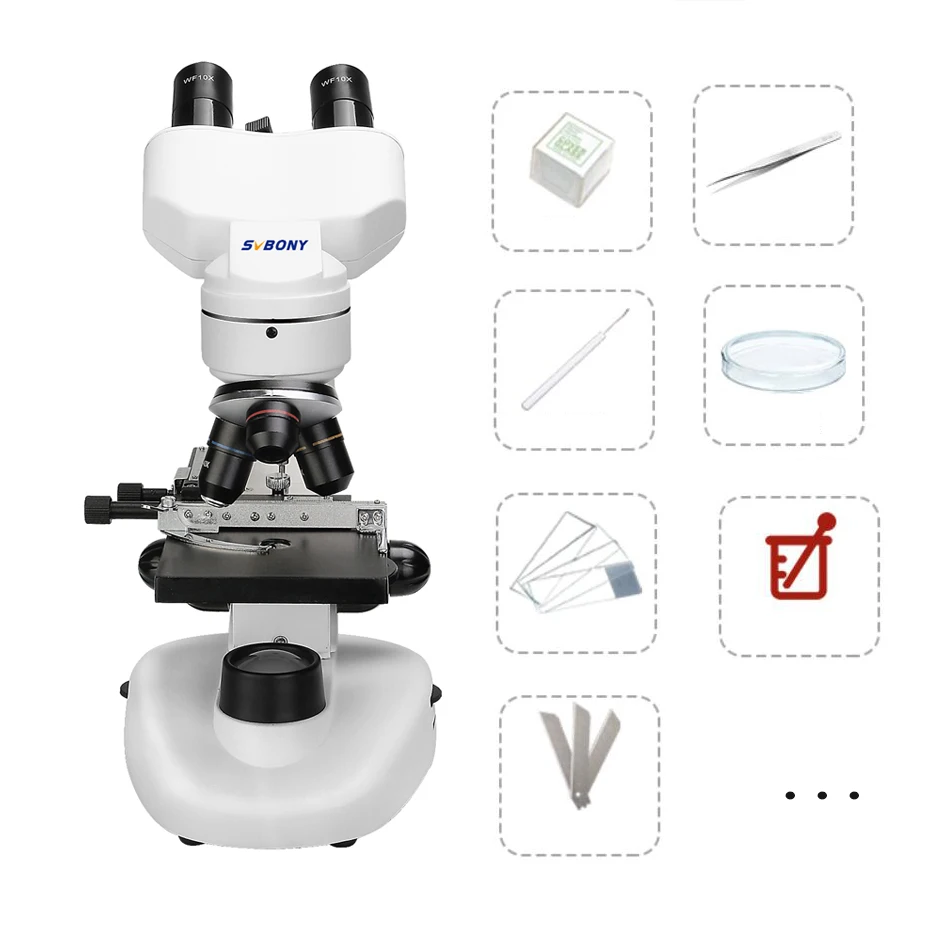 Imagem -06 - Svbony Sv605 Microscópio Composto Binocular 80x1600x com Kits de Ciência Iluminação Led Dupla e Adaptador para Celular