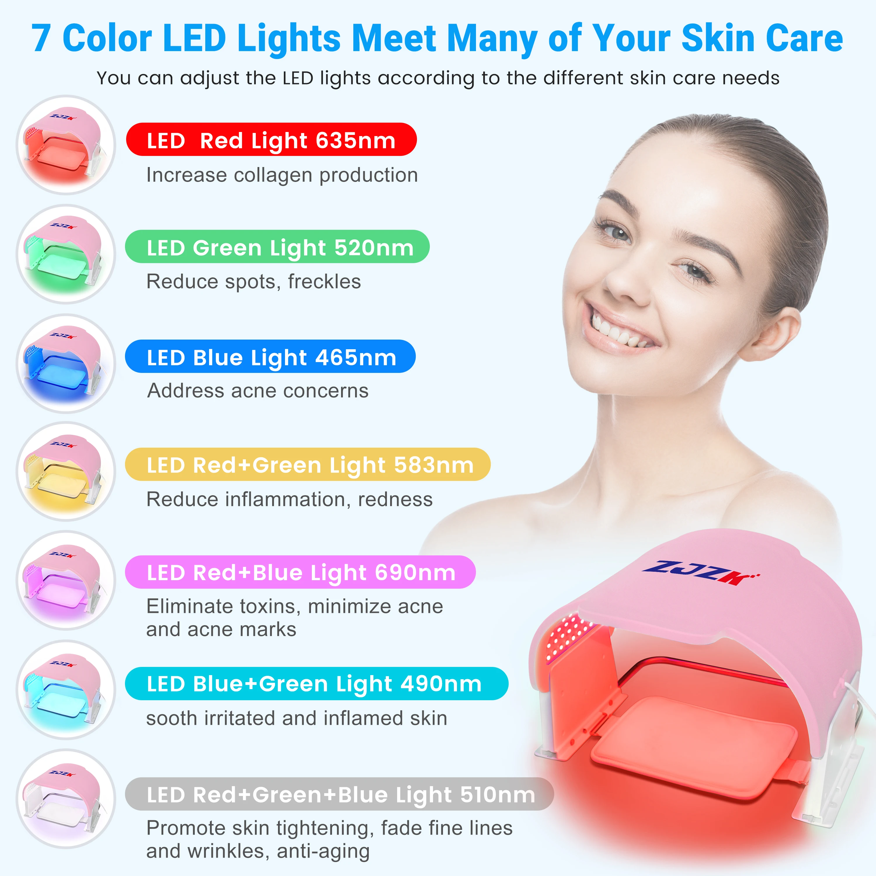 ZJZK-LED Máscara Facial Rosto e Pescoço, Light Stim, Terapia para Acne, Cravos Melhorar, 850nmx330chips, 660nmx330chips