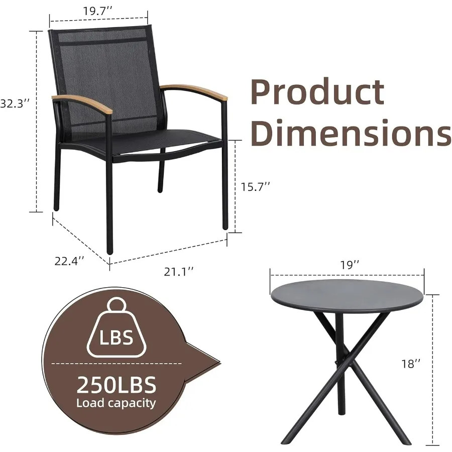 طقم بيسترو أسود مكون من 3 قطع، كراسي وطاولة للفناء، أثاث خارجي صغير لحديقة الحديقة والشرفة الأمامية