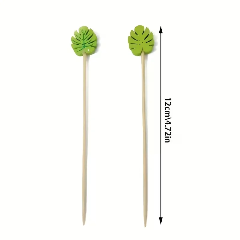 50 Stück / 100 Stück Bambus-Cocktailgabeln in tropischer Form, Blattförmige Riesen-Rankenblätter und Hawaiianische Getränkestäbchen, Partydekoration – Detail 3