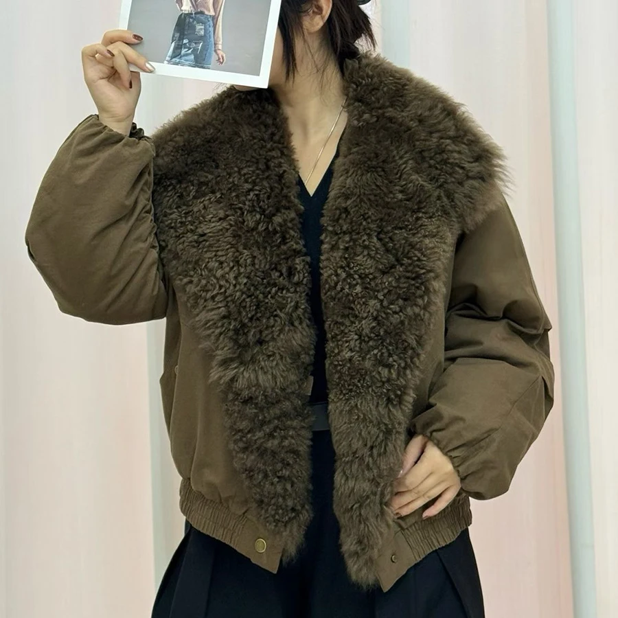 

Women's Short Down Jacket With Fur Collar Curly Lamb Fur Jacket Black Natural Fur Puffer Jacket Hot Selling Real Fur Jacket