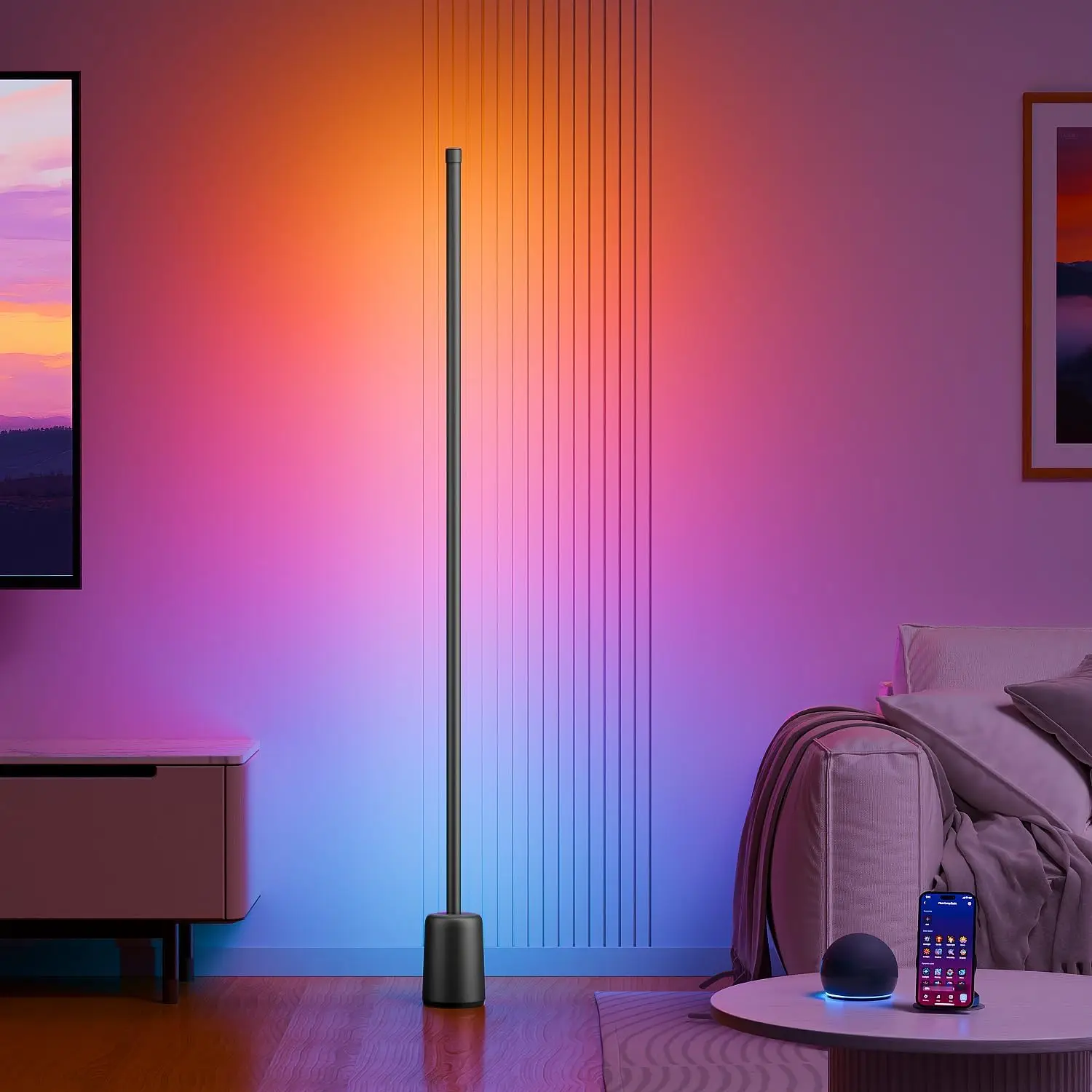 

Modern RGBW Corner Floor Lamp, 1500lm, Works with Alexa & Google Assistant, Music Sync, App Control for Living Room & Bedroom