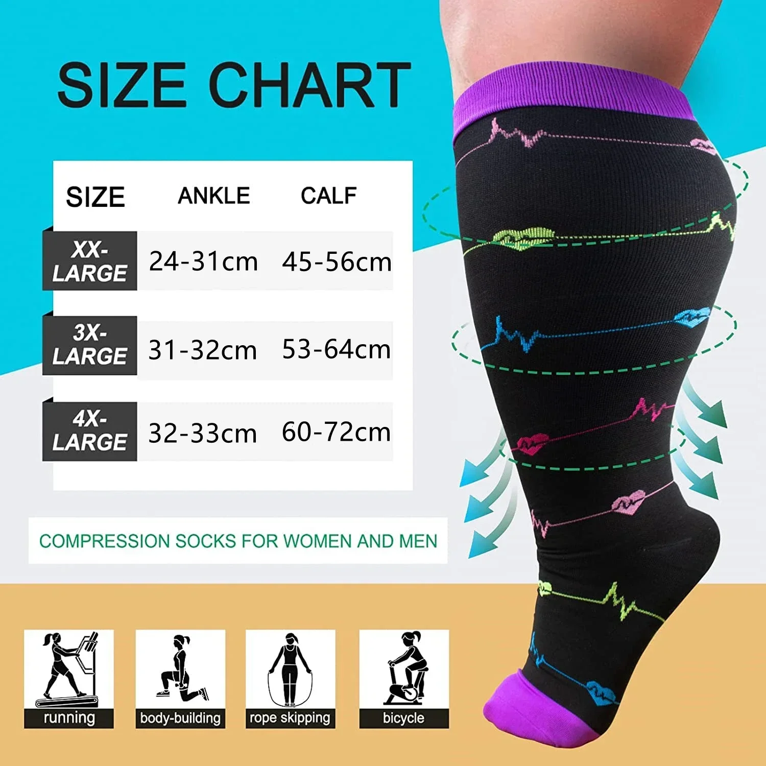PR 3/5Pairs Plus Size Compression Socks Women Men Wide Calf Compression Stocking Knee High 20-30mmHg for Circulation Swelling image 5