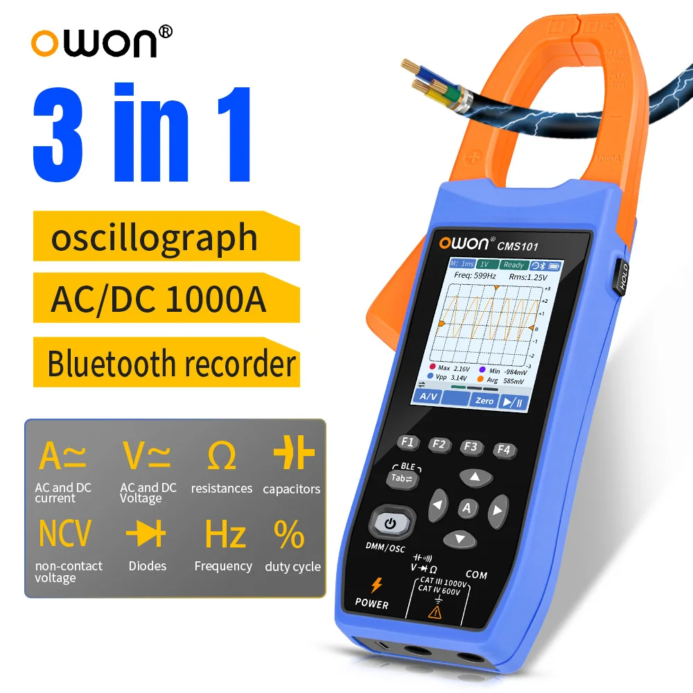 Owon CMS101 1000A AC/DC Corrente braçadeira Amperímetro Osciloscópio Digital Gravador Bluetooth Resistência de Tensão Testador Multifuncional