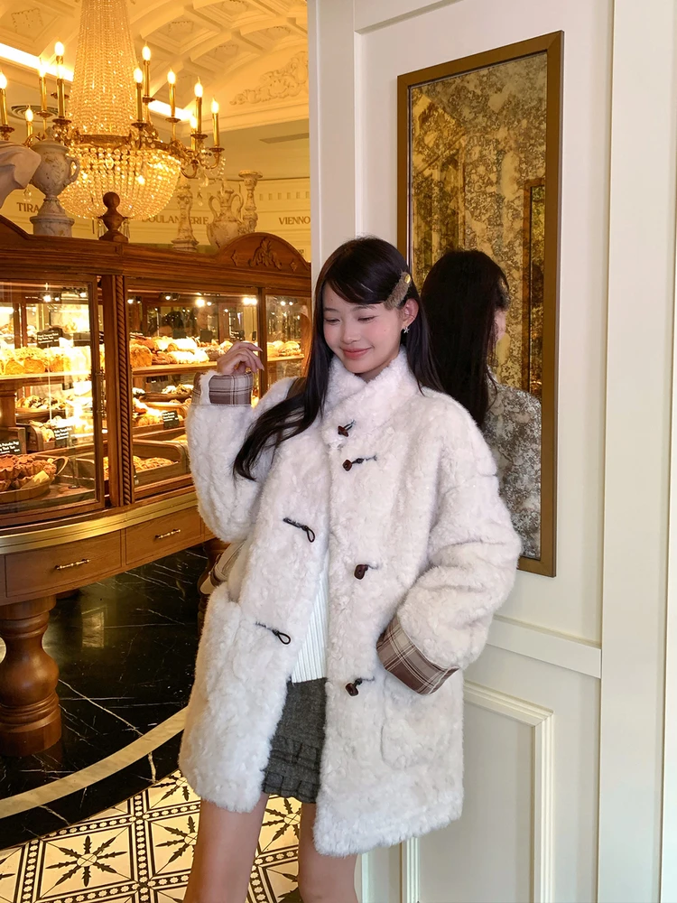 

Корейское пальто с воротником-стойкой на пуговицах из овечьего меха, женское зимнее новое модное теплое большое пальто