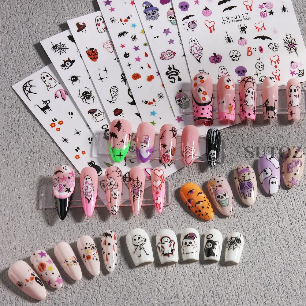 Cartoon Ghost Nail Stickers Halloween Decoratie Schattige Pompoen Schuifregelaar Hart Spinnenweb Bat Skull Charms Manicure Sticker LEBLS-J116