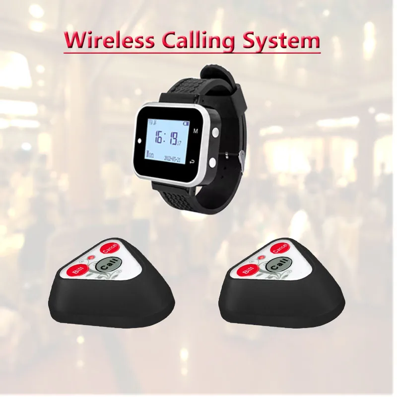 

QWICALL 2 Pcs Call Button Transmitters 1Pcs Wrist Watch Pager Wireless Calling System Service For Restaurant Hotel Cafe Bar