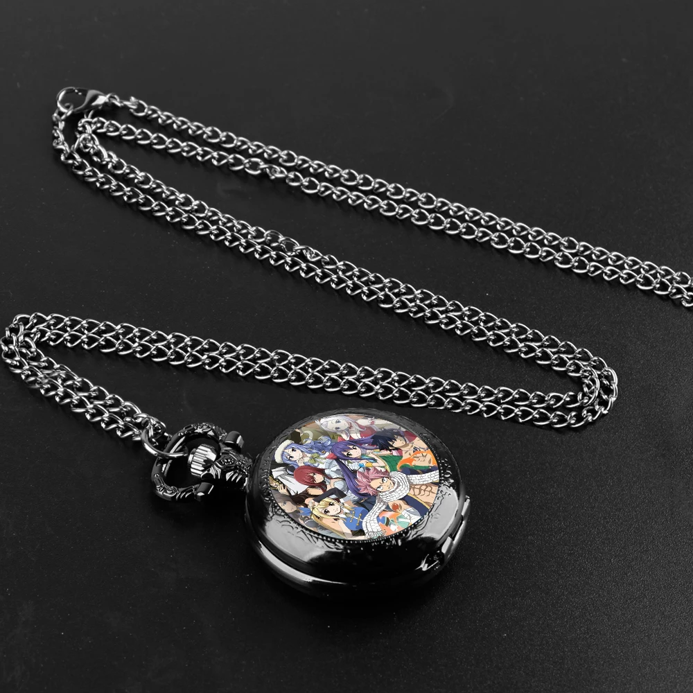 Anime Glass Dome Black Quartz Pocket Watch with Arabic Numerals Dial and Durable Chain Retro Gift for Men Women