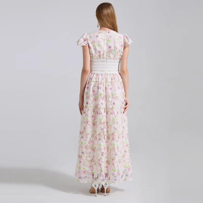 Taille haute A-Line Dr Broderie lourde Garniture en dentelle florale Puffy Sve Jupe d'épissure découpée 3D Chinois Hiver Thiened Wind...