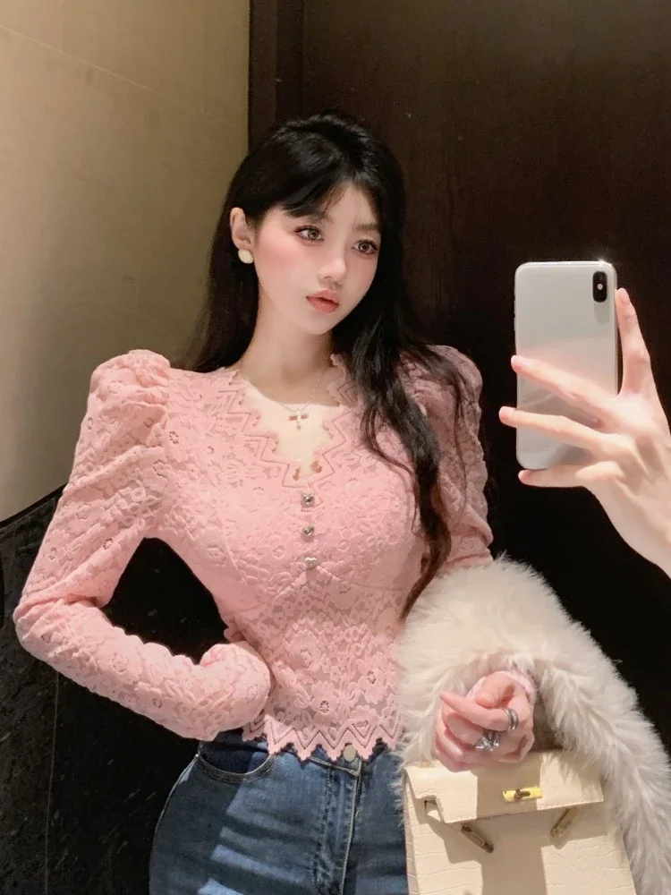 Ezgaga Fashion Shirts Women Puff Loong Sleeve V Neck Autumn Winter Slim Lace Patchwork Crop Tops Female Sexy Elegant Blouse