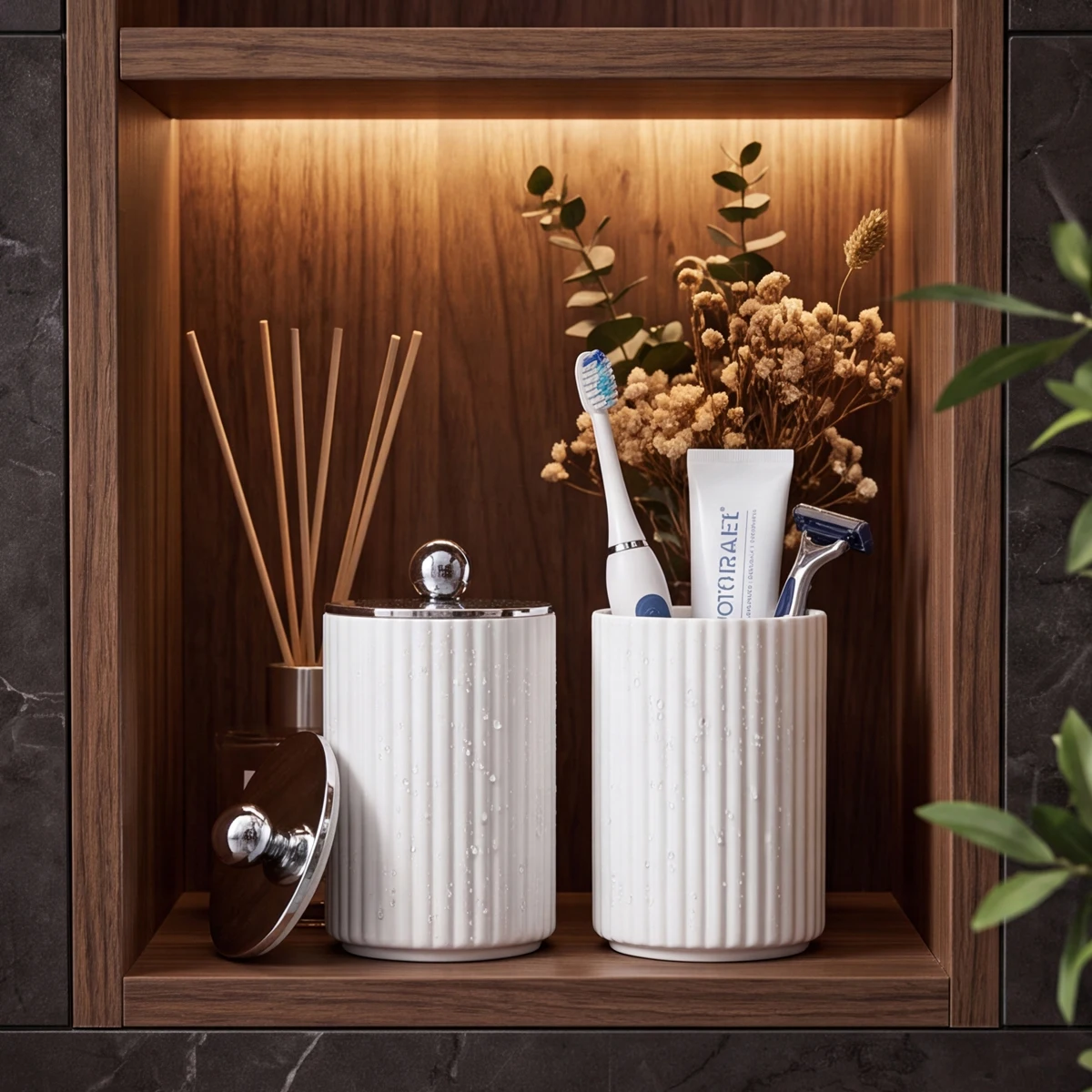 Mattes Badezimmer-Zubehör-Set, Farmhouse-Organizer mit Seifenspender, Wattestäbchen-Behälter, Zahnbürstenhalter und Ablage für Badezimmerwaschbecken – Detail 7