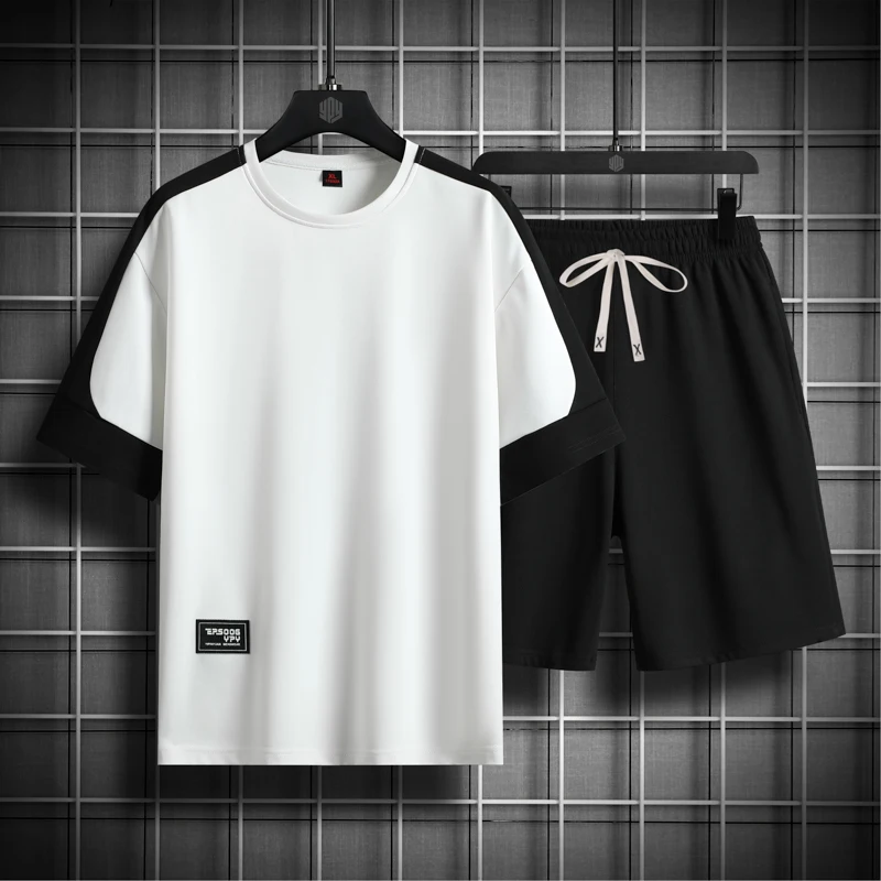 Chรกndales blancos y negros para hombre, Conjunto de camiseta de manga y pantalones cortos, ropa deportiva de marca, de gran tamaรฑo 5XL traje