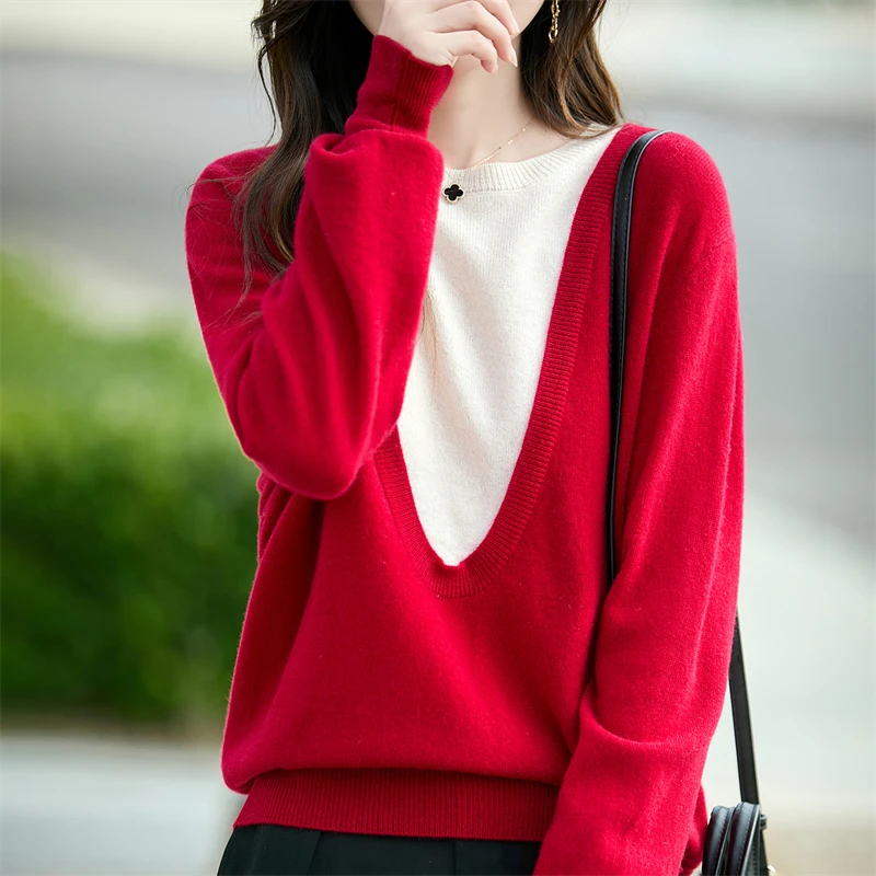 

RoundNeck MockTwo-piece Sweater 100% Merino Wool Layering SensePersonalitySimple FashionSlimmingLazy Elastic Vitality