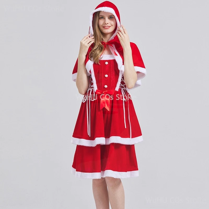 Boże Narodzenie Kobieta Święty Mikołaj Seria Kostium Xmas Party Śnieg Łoś Dziewczyna Czerwona Sukienka Płaszcz Sznur Uniform Seksowna Piżama Kobiety Cosplay