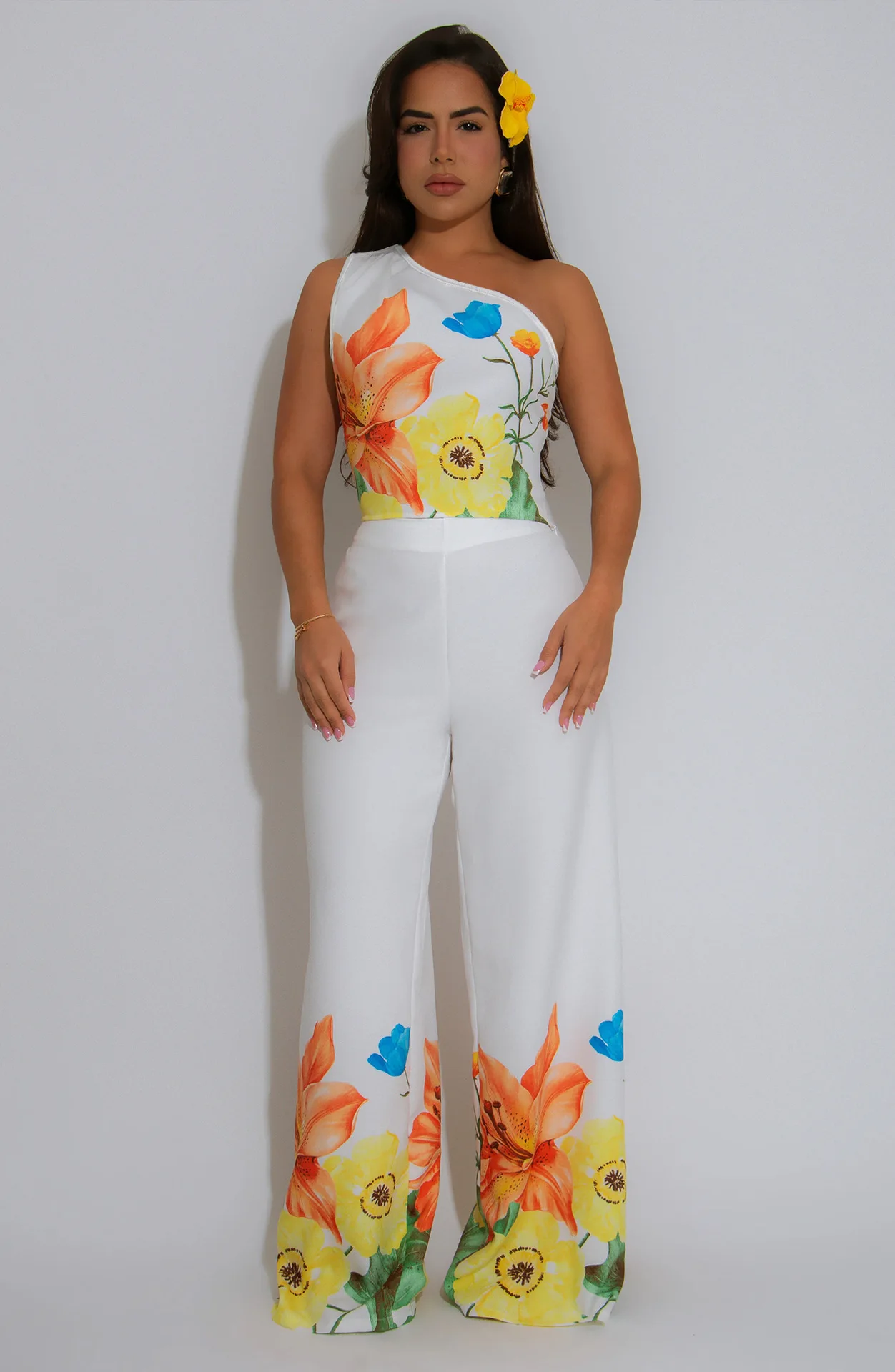 BKLD Women Elegant Commuting Elastic Wide Leg Pants Slanted Shoulder Sleeveless Tops Two Piece Sets Fashion Flower Printed