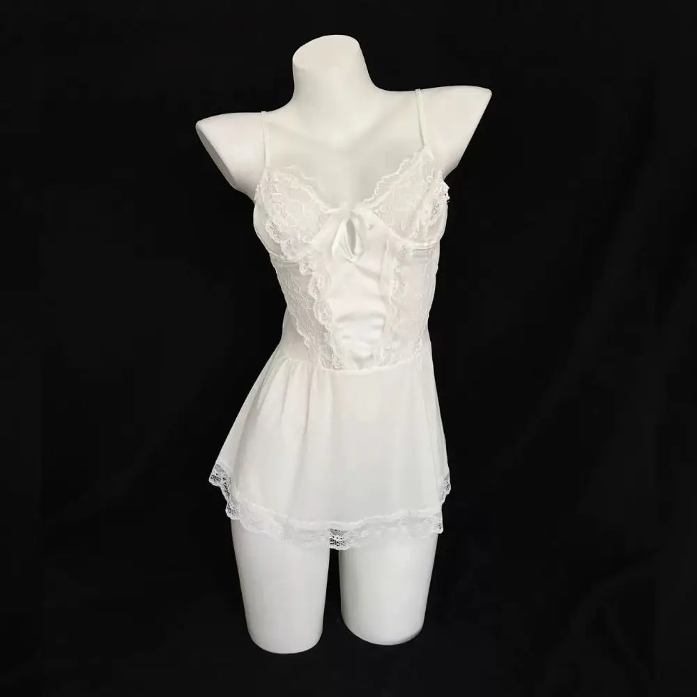 

Fashion Bowknot Lace Nightgown Hollow Transparent Sling Nightwear Women Lingerie Sweet Lace Mesh Nightdress Girl