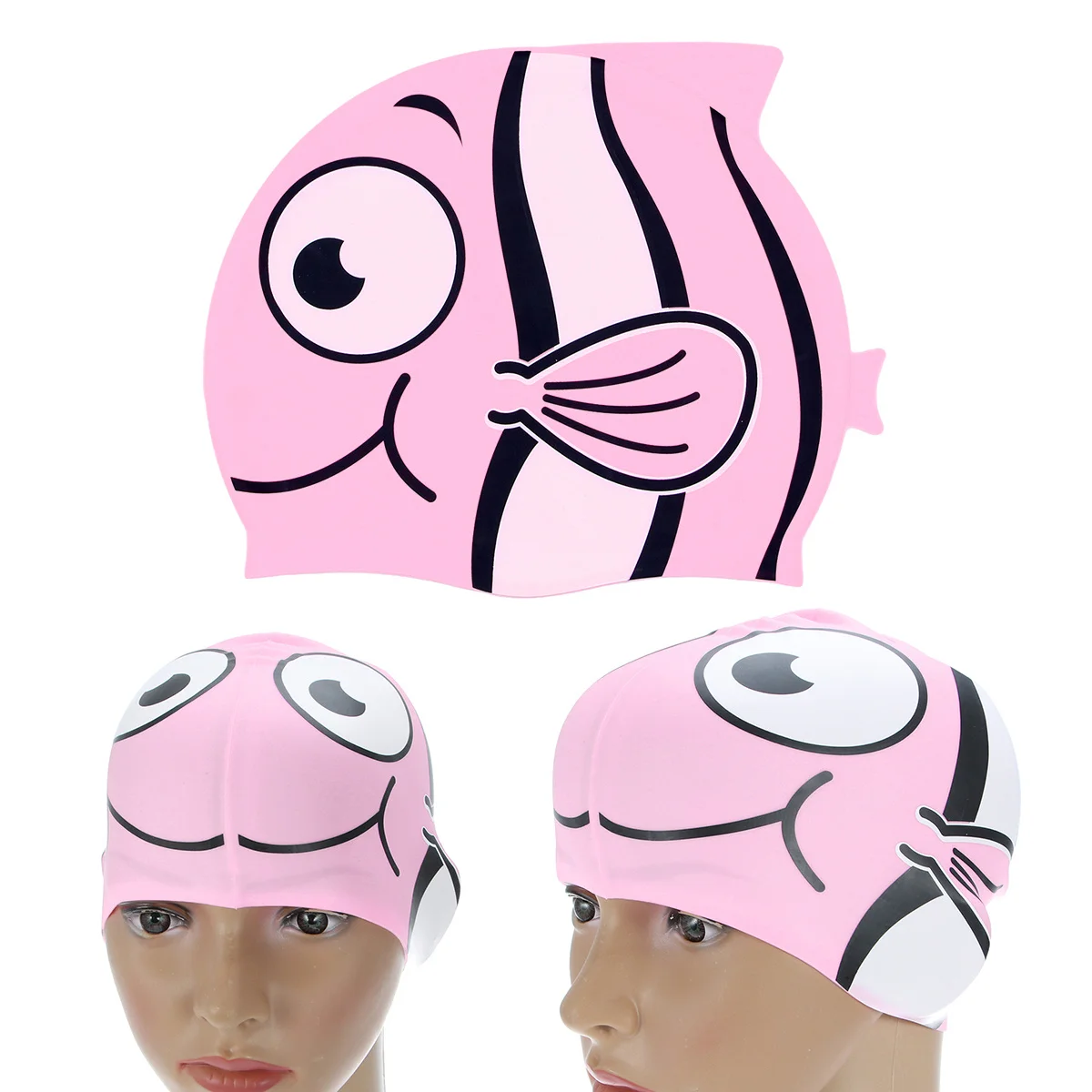 قبعة سباحة من السيليكون على شكل سمكة كرتونية لمدة 3-11 سنة، وردي خفيف الوزن، يحمي الشعر متين ومريح