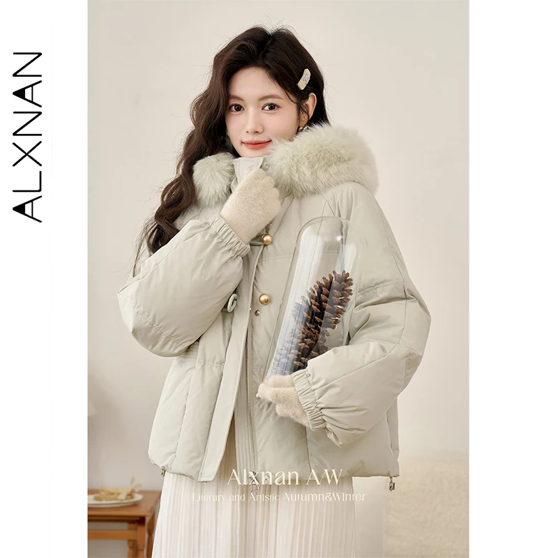 Alxnan jaqueta verde 2025 inverno feminino engrossado com capuz quente curto para baixo jaquetas 90 pato branco gola de pele real casacos l51105