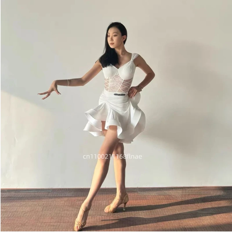 Novo verão vestido de dança latina adulto prática avançada vestido cinta macacão conjunto dança desempenho vestido dança latina