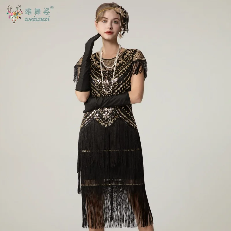 

Elegant Retro Vintage Sequin Beaded Mid Waist Long Fringe Dress Party Evening Rave Stage Perfermance Costume 1920s Fancy Outfit