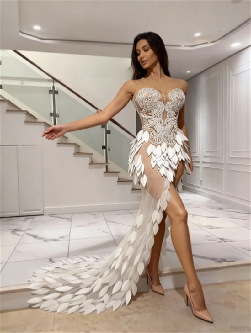 

Luxury White Nail Bead Feather Sequins Sexy Sheer Strapless Long Dress Elegant Woman Birthday Dress Wedding Party Vestido