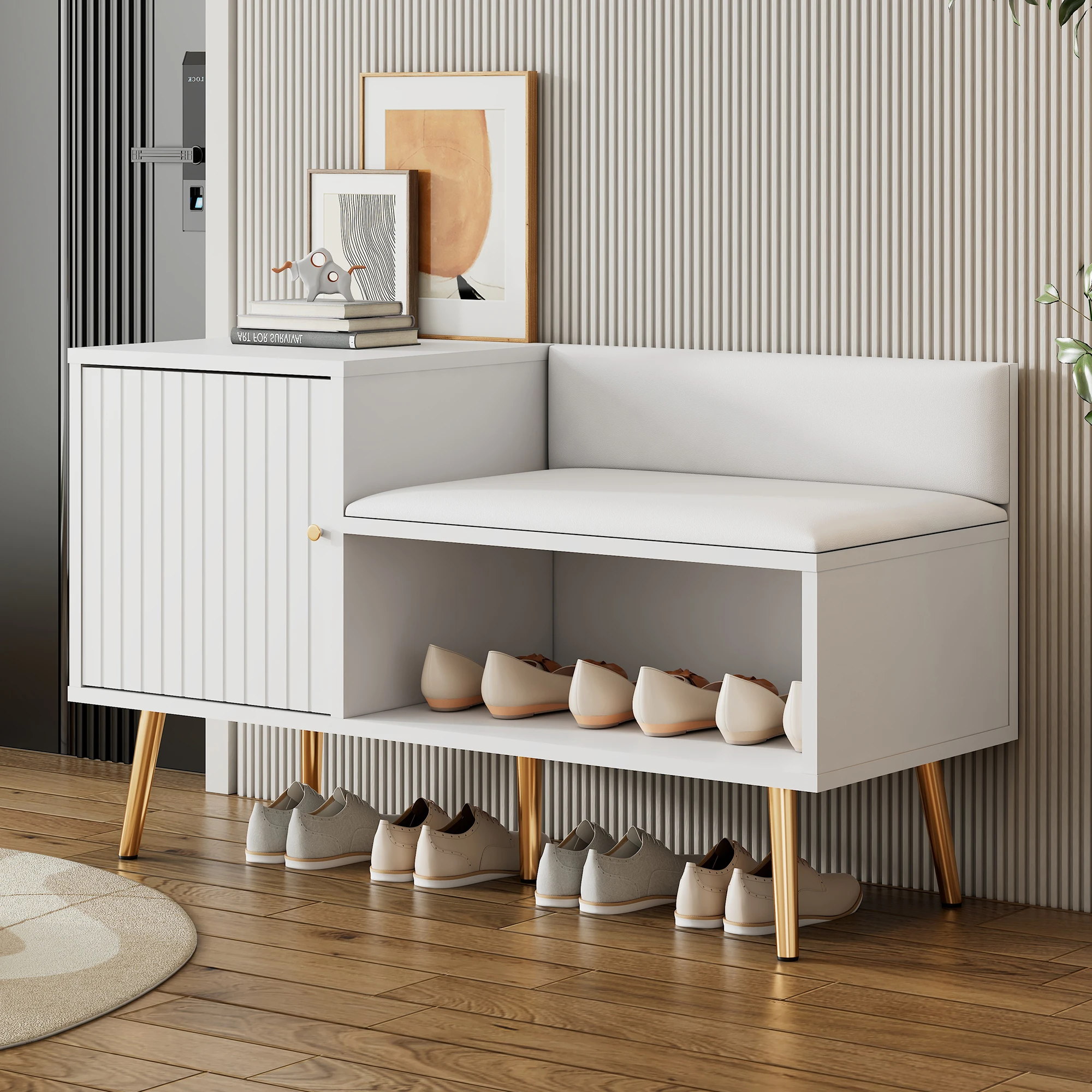 VSOGA Modern shoe chest in white, storage space, upholstered bench and backrest, metal handles and legs, dimensions: B100/T40/H58 cm