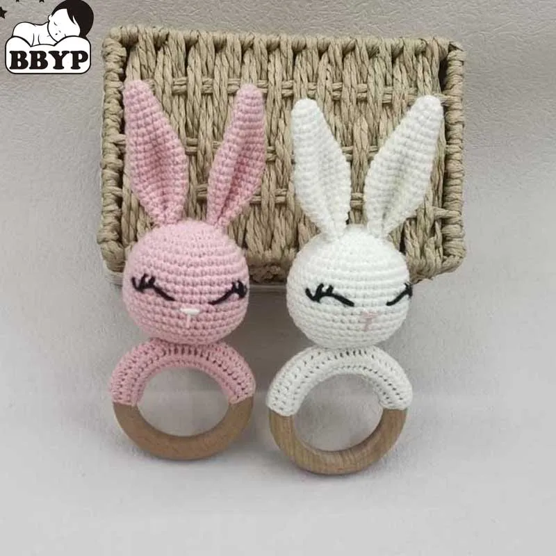 Baby Teether Music Rattles for Kids Animal Crochet Rattle Rabbit Bear Ring Wooden Babies Gym Montessori Children's Toys