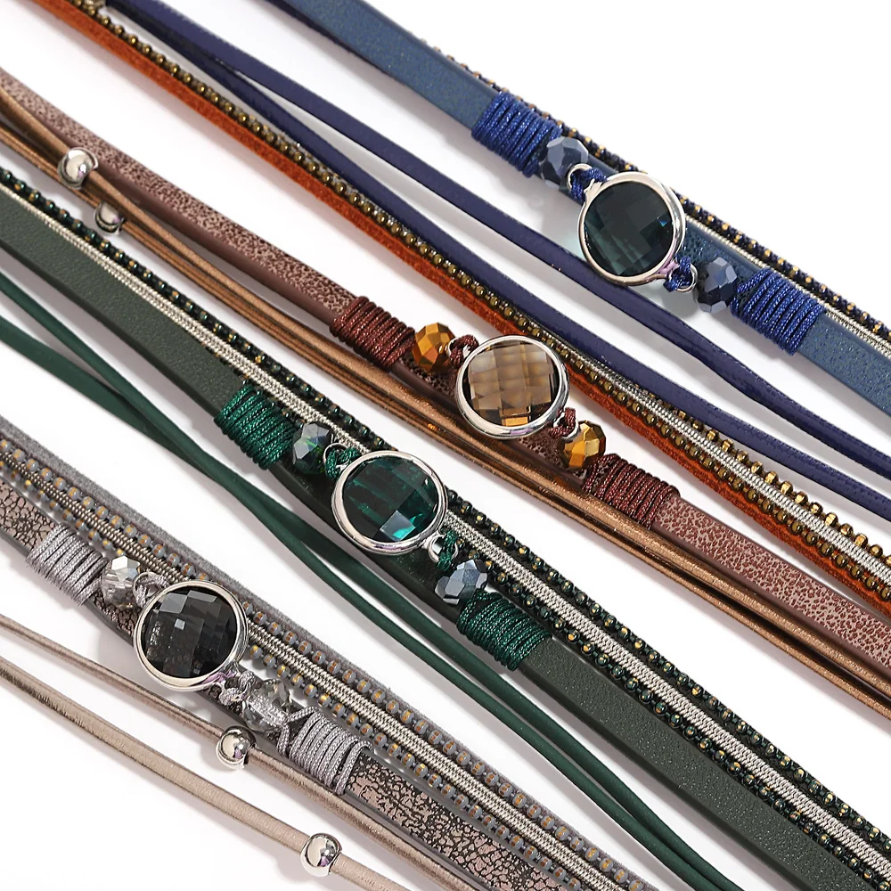 ALLYES Vintage kryształowa koralik skórzana bransoletka dla kobiet mężczyzn Boho wielowarstwowe długie łańcuszki Wrap bransoletki i Bangles Party biżuteria — zdjęcie 6