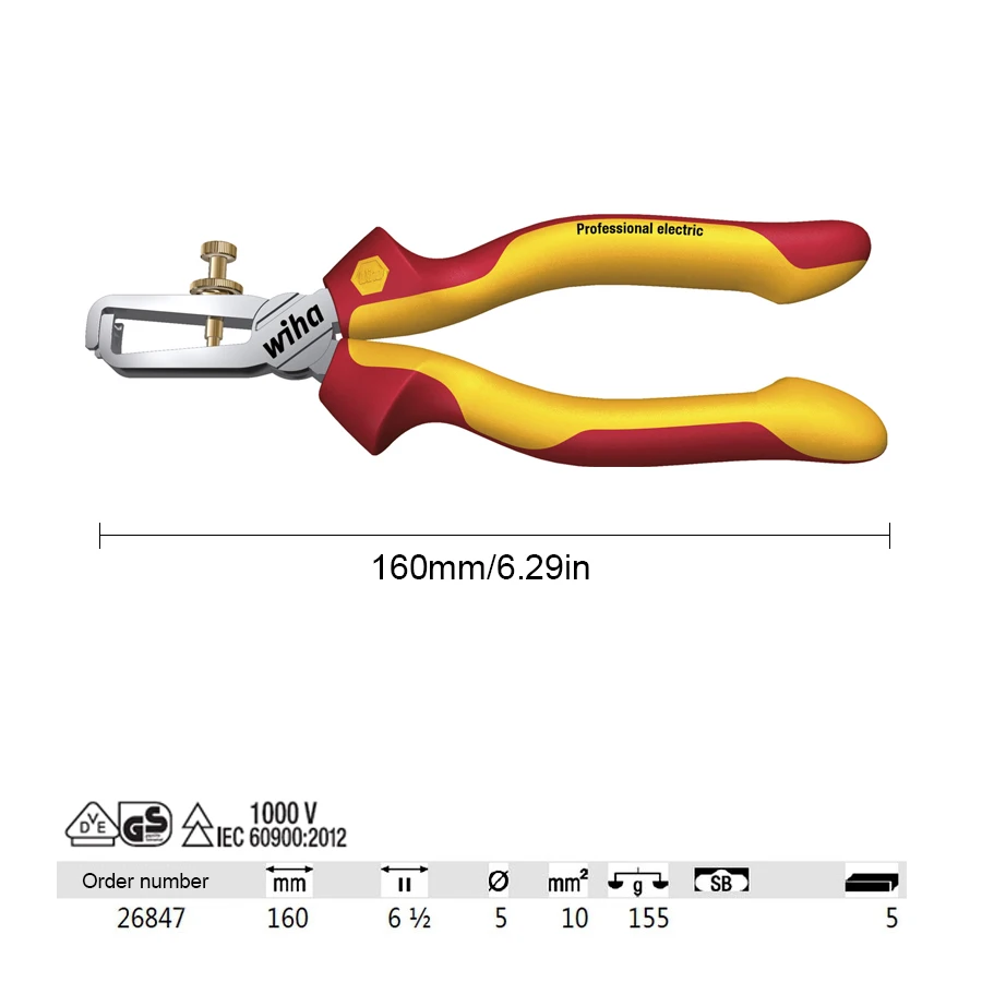 WIHA 26847 Insulated Stripping Pliers 1000V VDE 160 mm Wire Stripping Tool for Electricians