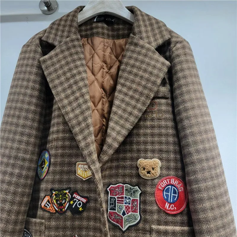 2025 Autumn Winter New Women's Fashion Casual Versatile Plaid Embroidered Turn-Down Collar Long Sleeve Loose Coat Trendy Top