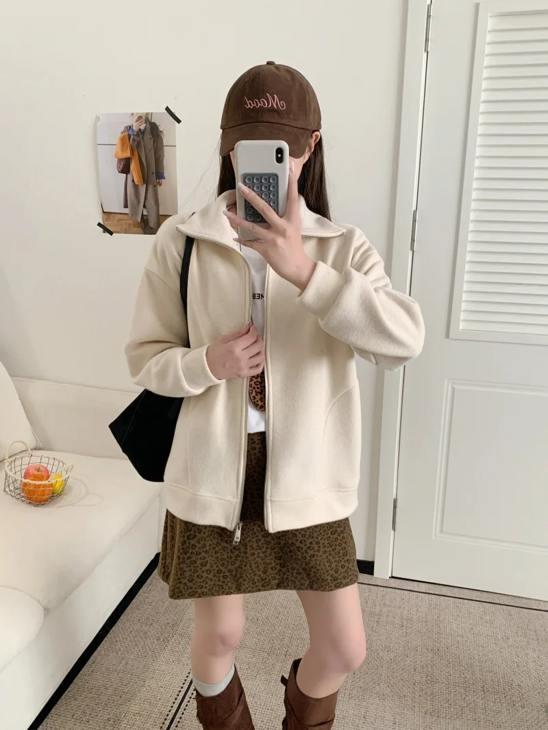 韓国風ダブルジッパー-スタンドカラー-無地-多用途-トレンド-ルーズ-カジュアル-ハーフハイカラー-裏起毛-厚手-レディース-オープンカーディガンジャケット