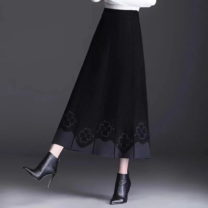 女性の秋冬 A ラインスカートハイウエスト弾性ウエストミッドレングスニットウール大スイングスカートセータースカート Mujer スカート