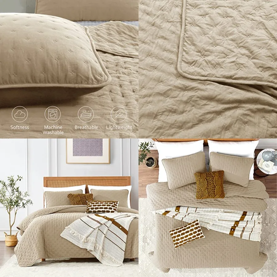 

Cloud Oversized Quilt Sets with Pillow Shams, Cal Size weight Soft Coverlet Bedspread, Tan Cream Thin Bedding Set, 3 Pieces, 11