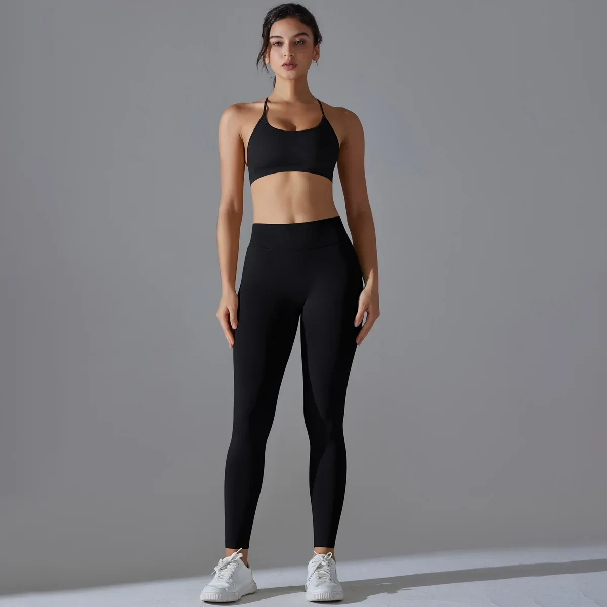 New Women Yoga Sport Suit Openwork Female Knitted Solid Sexy Back Crop Bra Top V Waist Legging Workout Gym Yoga Suit 2 Pieces