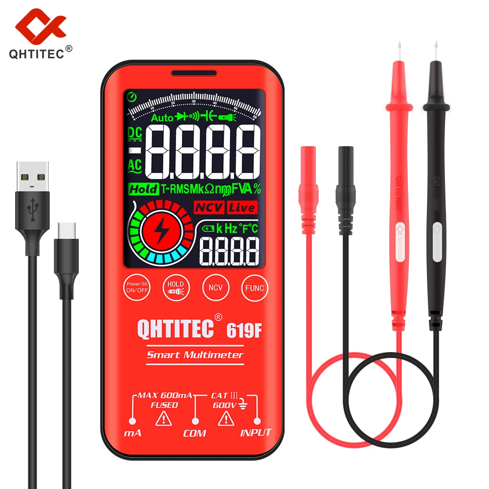 QHTITEC Profesional Digital Multimeter 5999counts Smart Multimetro DC AC Voltage Capacitor Ohm Diode NCV Hz Live Wire Tester 619