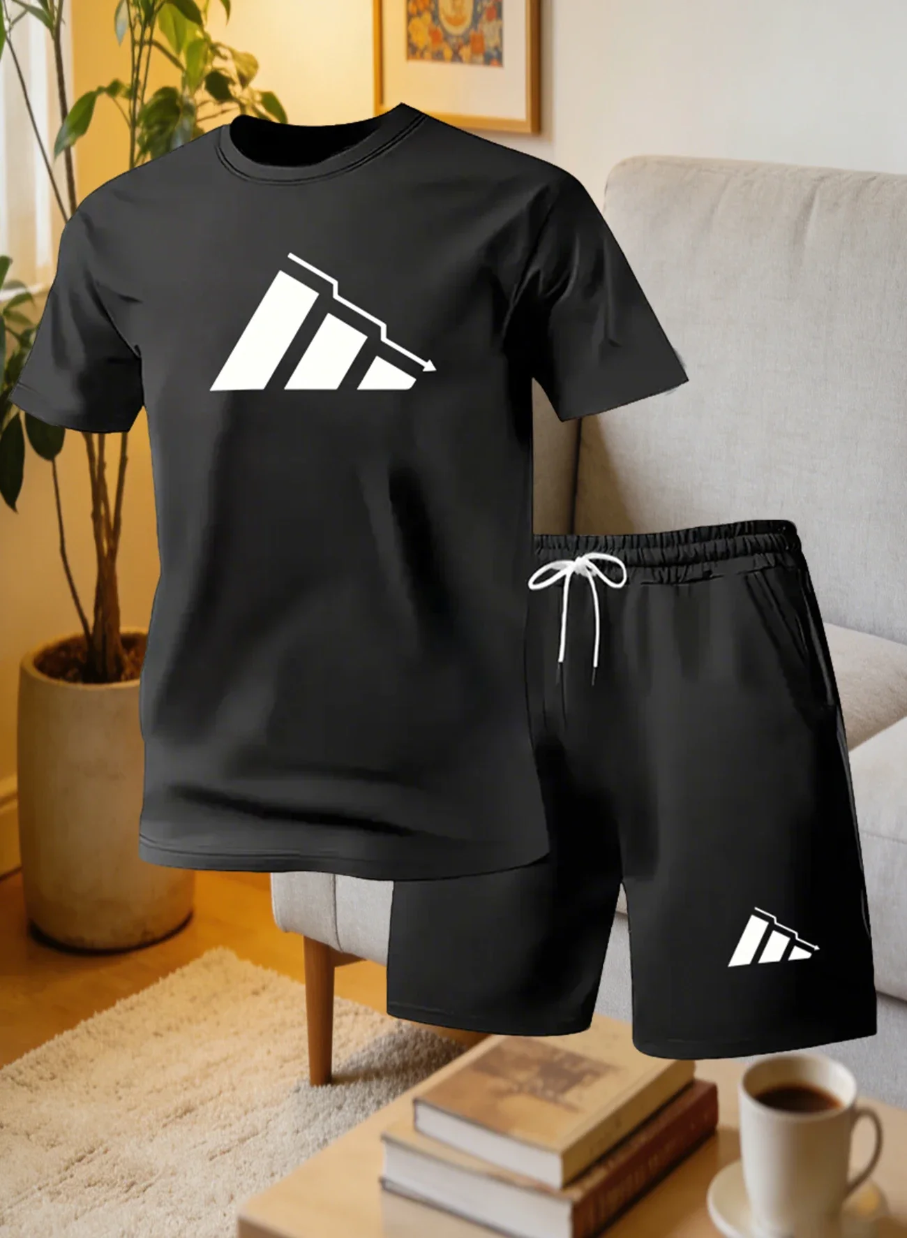 Conjunto de 2 Piezas de Camiseta de Manga Corta con Cuello Redondo y Estampado de París para Hombre, Traje Informal Holgado Estilo Hogar, Ropa Deportiva Estampada para Hombre