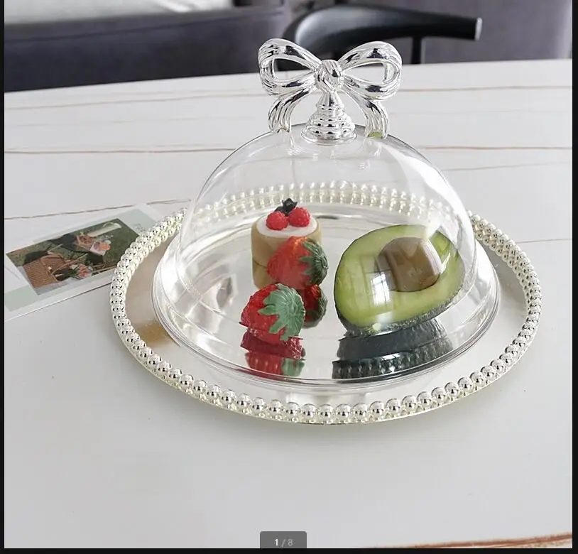 Silver Metal Cake Pan Transparent Plastic Cover Bread Dessert Plate Dried Fruit Snack Dish Stand Display