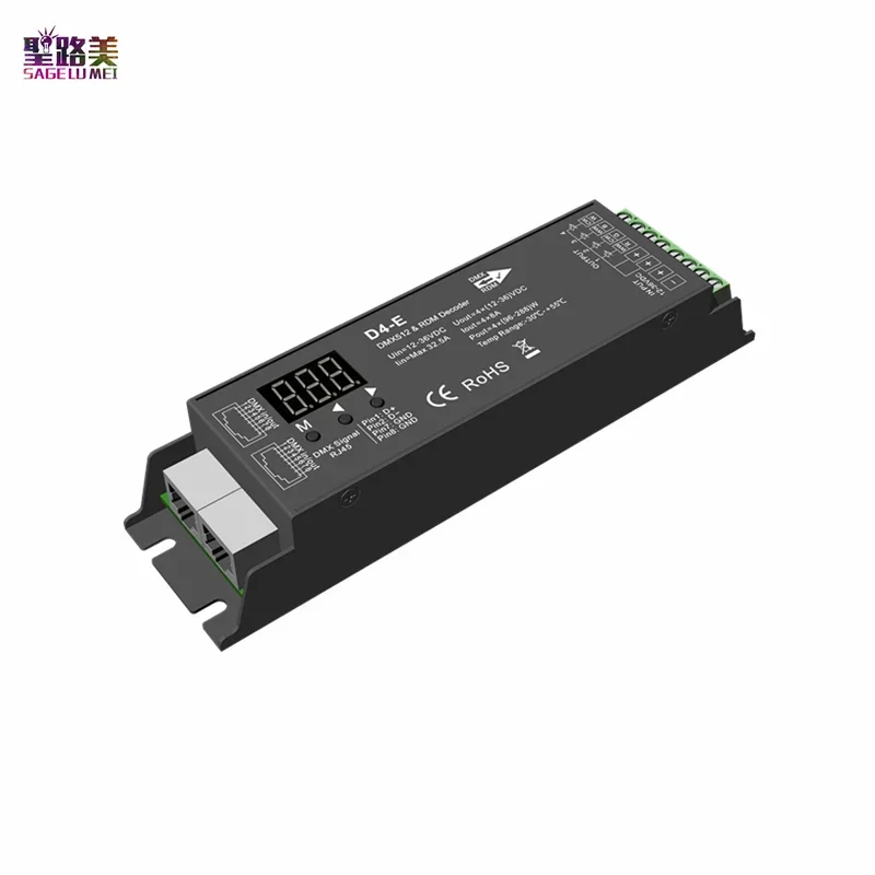 D4-E D4-P 4 channel PWM constant voltage DMX & RDM LED decoder controller digital display XLR3  RJ45 port DC12-36V input 8A*4CH