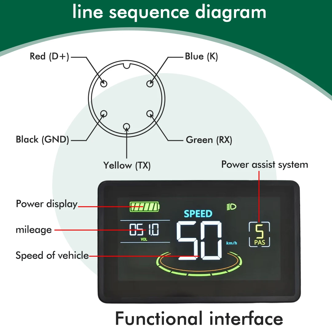 전기 자전거 다채로운 LCD 디스플레이 계량기, SM/방수 연결 플러그, Ebike 지능형 디스플레이, USB UART, H6C, 24V-60V