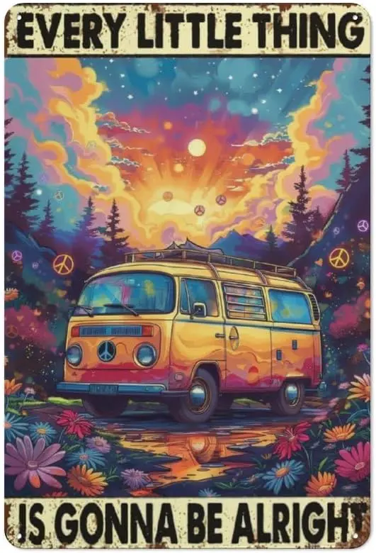 Hippie Room Decor Metal Tin Sign Hippie Vintage Poster Bathroom Decor Eevery Little Thing Is Gonna Be Alright Sign for Home Offi