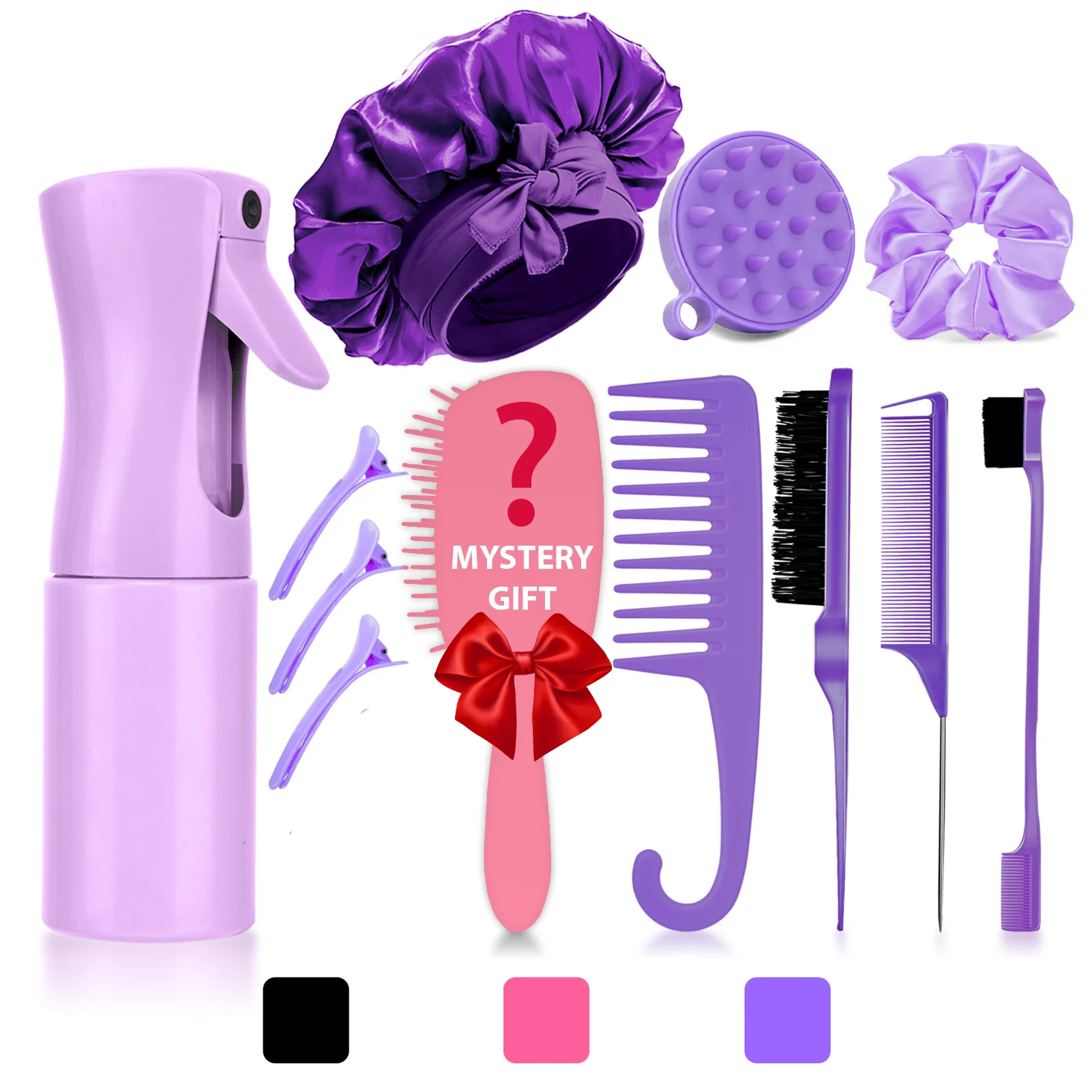 Natural Hair Care Set with Satin Bonnet, Continuous Spray Bottle, Wide Tooth Comb, Scalp Massager, Edge Brush for Curly Wash Day
