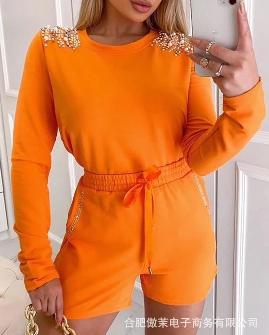 Two Piece Set Women Outfit 2024 Spring Orange Beaded Casual Round Neck Long Sleeved Top & Drawstring Daily Shorts Set