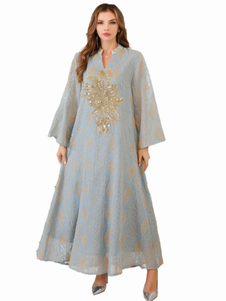 Eid Long Robe Muslim Women Party Sequins Jalabiya Dresses Embroidery Ramadan Abayas Kaftan Islam Vestidos Arab Morocco Dubai