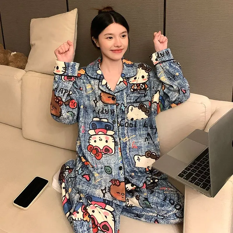 

Hello Kitty Women's Dralon Button Down Collar Cardigan Pajama Set Winter Long Sleeve Pants Cute Comfortable Home Loungewear
